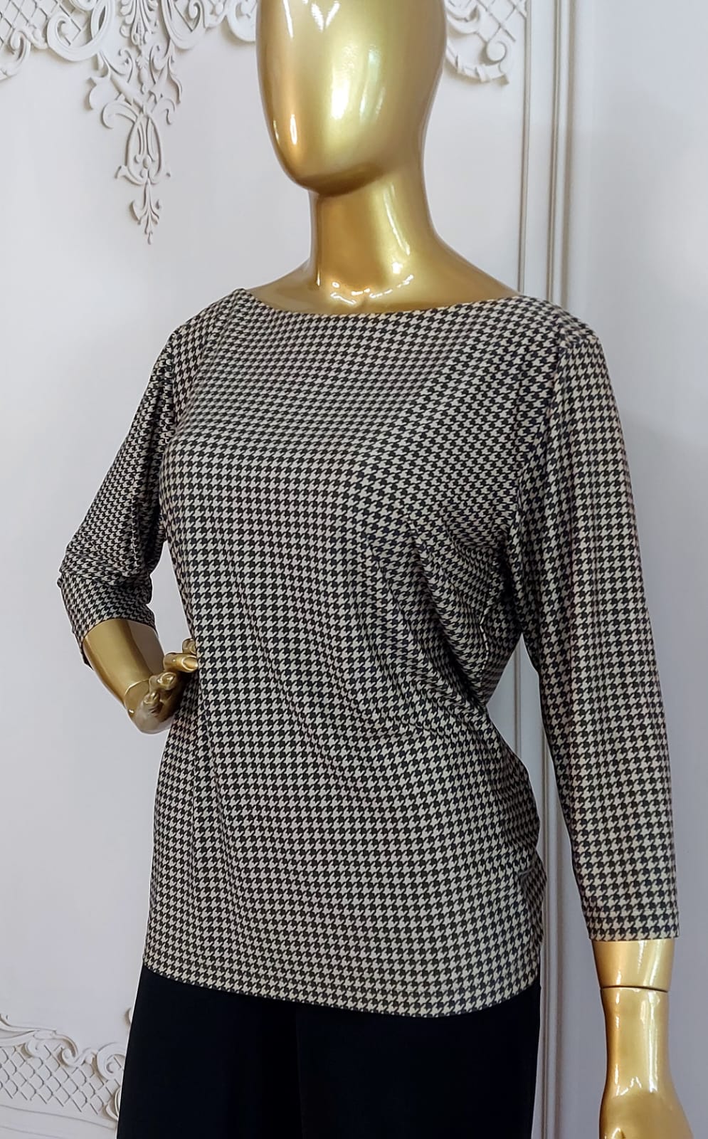 blusa com manga fluity em pied de poule