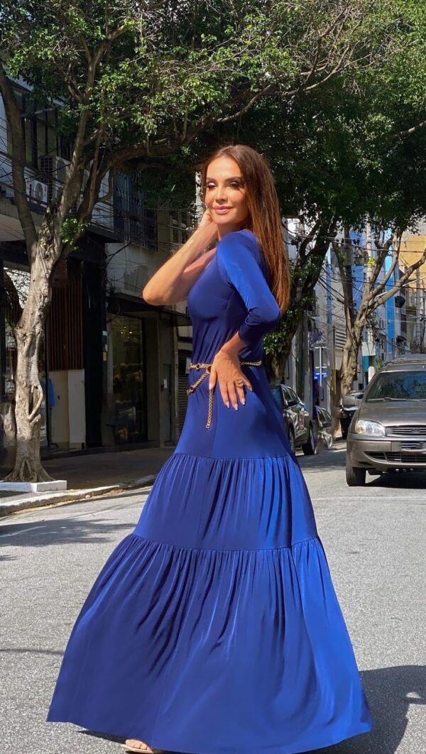 Vestido em Fluity Longo de Um Ombro Só Marinho - Imagem 2