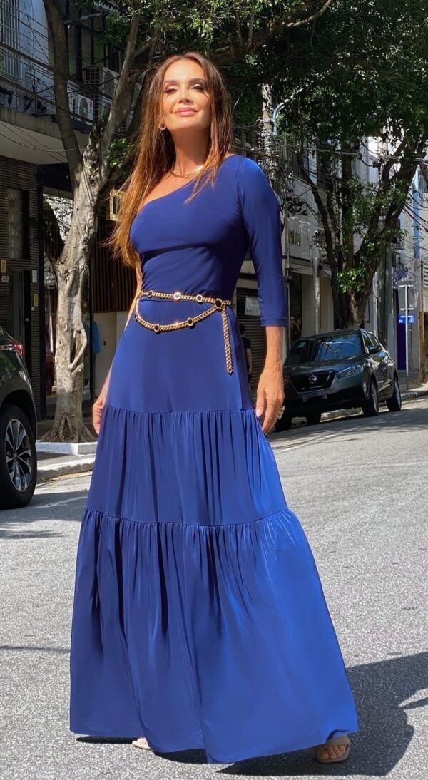 Vestido em Fluity Longo de Um Ombro Só Marinho