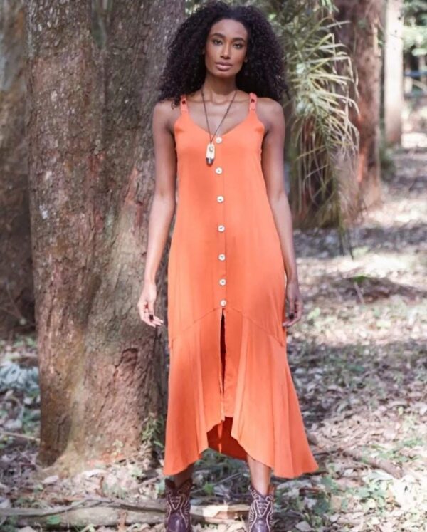 Vestido Longo com Alça Macramê Terracota
