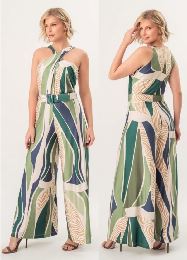 Macacão Pantalona de Alças Cruzadas no Decote - Estampado "Verde"
