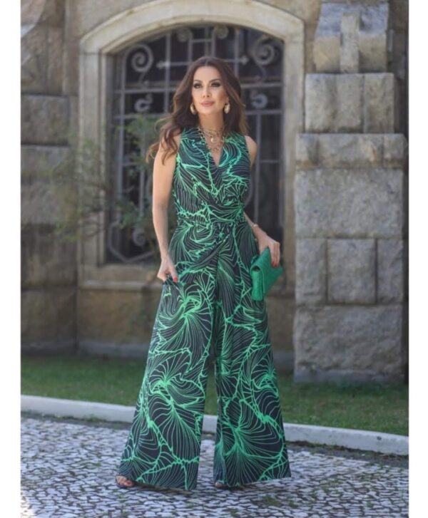 Macacão Pantalona em Fluity Estampado Verde e Preto